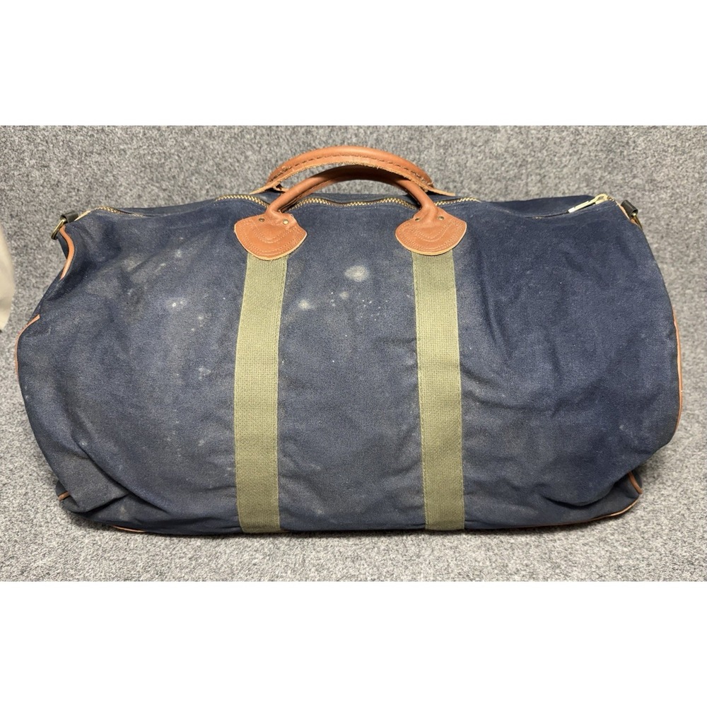 LL Bean Vintage 80s Blue Green Leather Handle Duffel Bag‎ Zip Top Freeport Maine